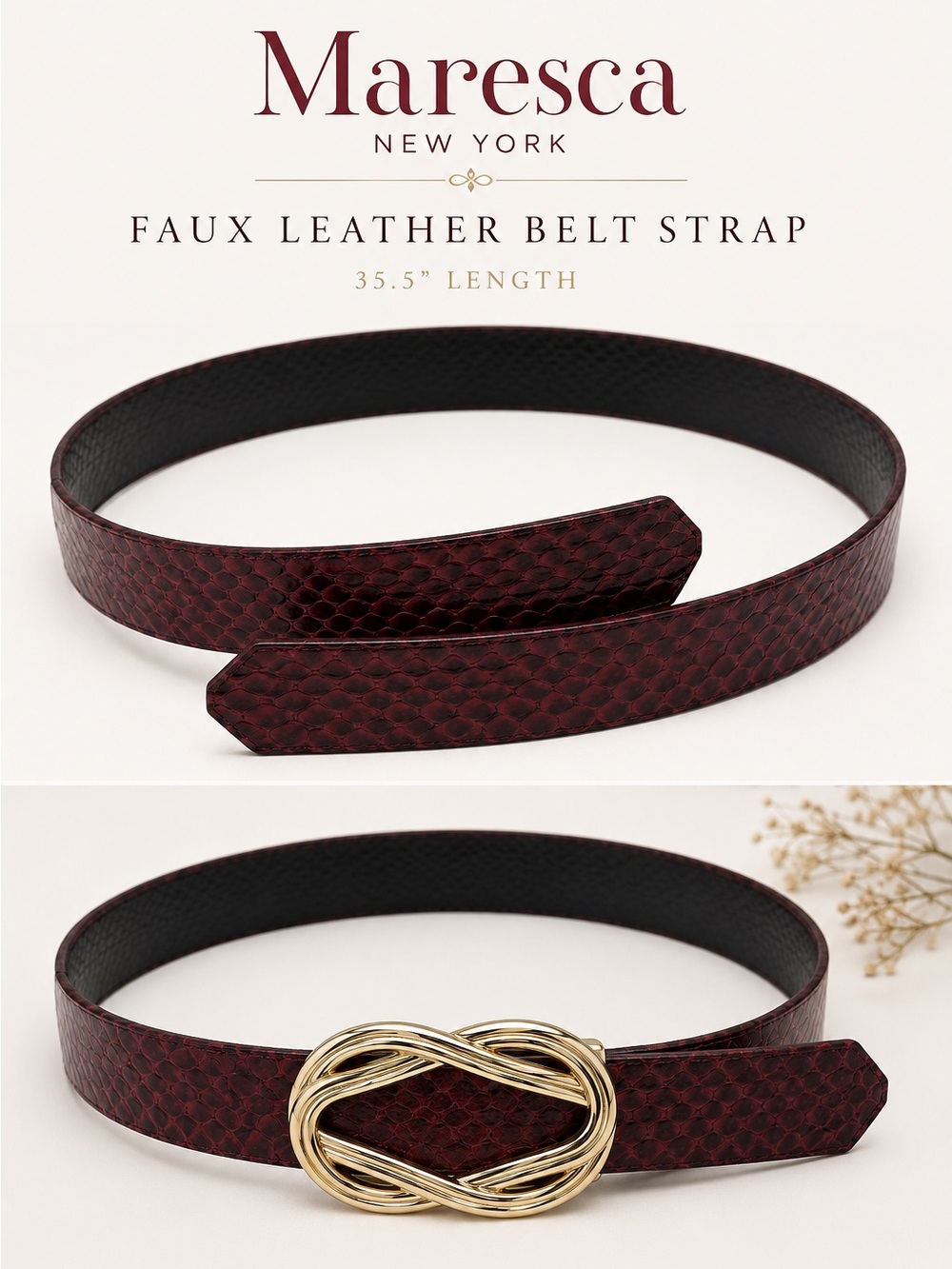 Maresca New York Burgundy Snakeskin Embossed Faux Leather Belt Strap